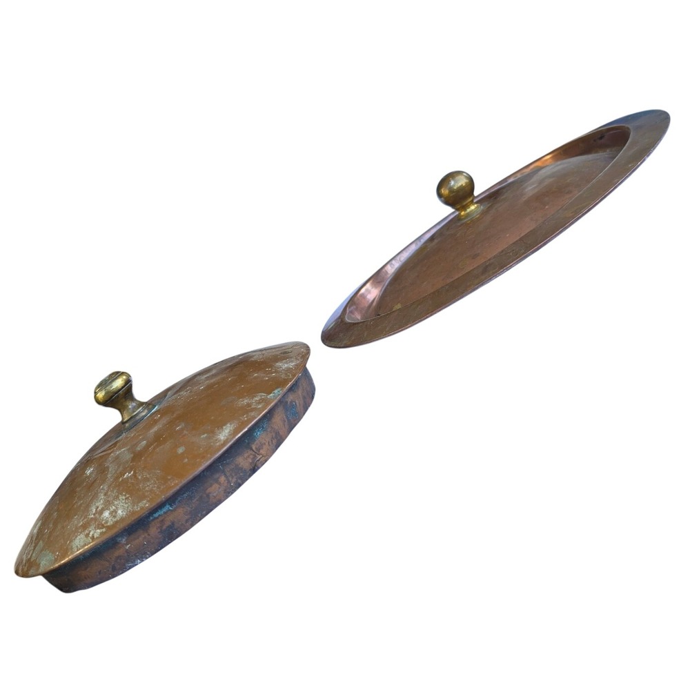 Vintage Villedieu France Copper Pot Lids Set of 2 Tin Lined Brass Knobs 6" 6.5"